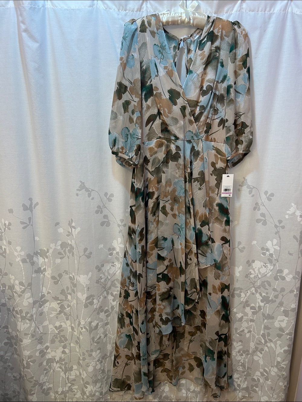 Calvin Klein Taupe and Teal Floral Maxi Dress